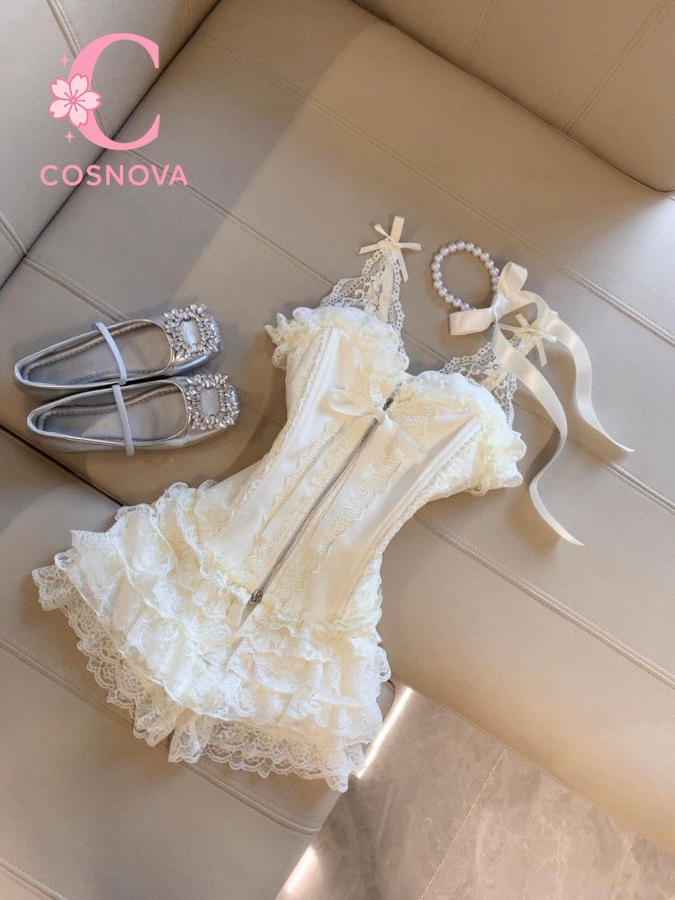 Cami Top Lace - キュートな欲望レースビスチェトップハイウエストミニケーキスカートセットセクシーコルセットキャミ冬服フリルチュールツーピースロリータスタイル