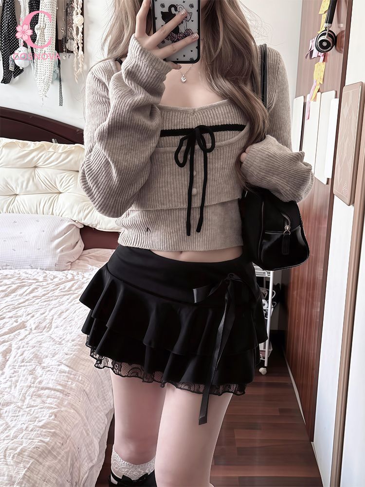 Cami Top Lace - 日本のヴィンテージ風コケット3点セット レディース キャミソールニットクロップトップ 蝶結び ハイウエストフリルミニスカート スリムフィットドレス衣装