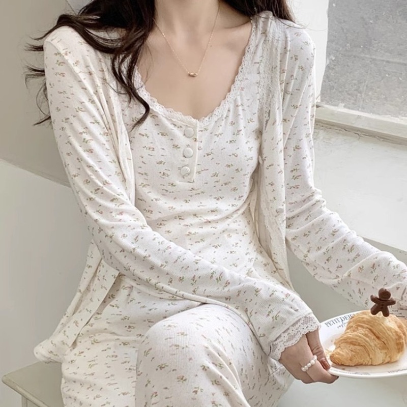 Cami Top Lace - 3 ピースパジャマセット女性のための花柄レース甘いカーディガンキャミソールホームウェア長袖長ズボンファンシー下着レディース