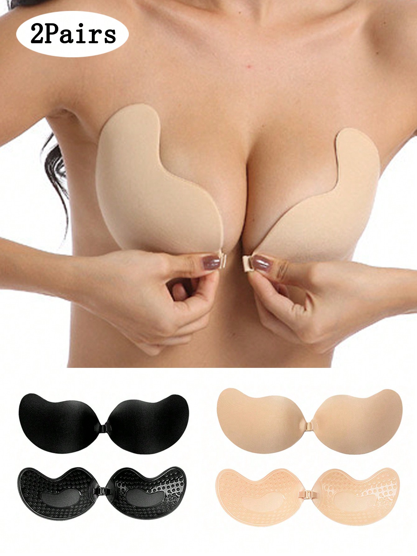 Push Up Bra Padded - 2 パック女性用自己粘着式目に見えないストラップレス プッシュアップ パッド シームレスな目に見えないブラジャー 再利用可能なフロントクロージャー