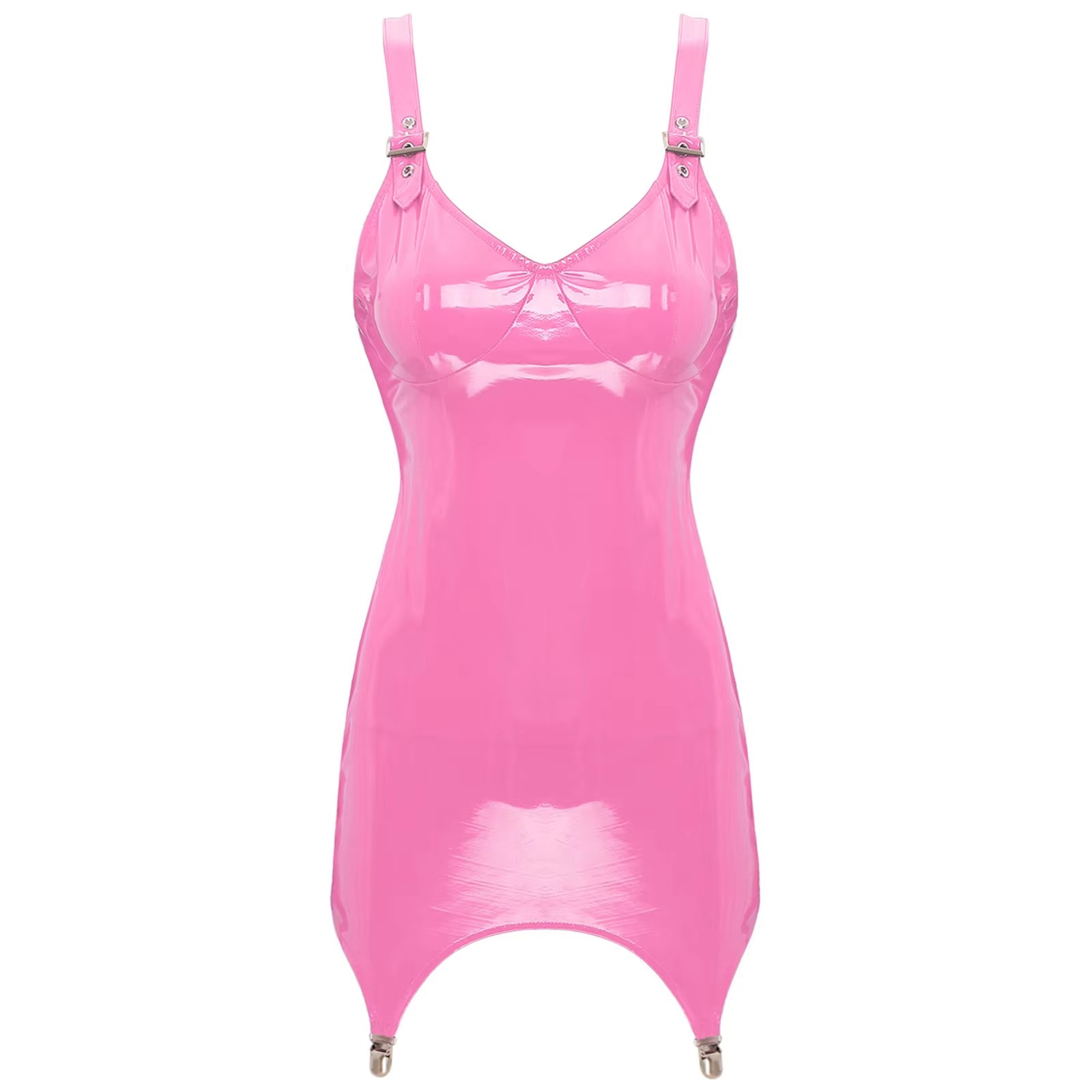 女性の光沢のある金属のPVCレザーのVネックミニドレス,ナイ - Babydoll Chemise Night のレビューと価格