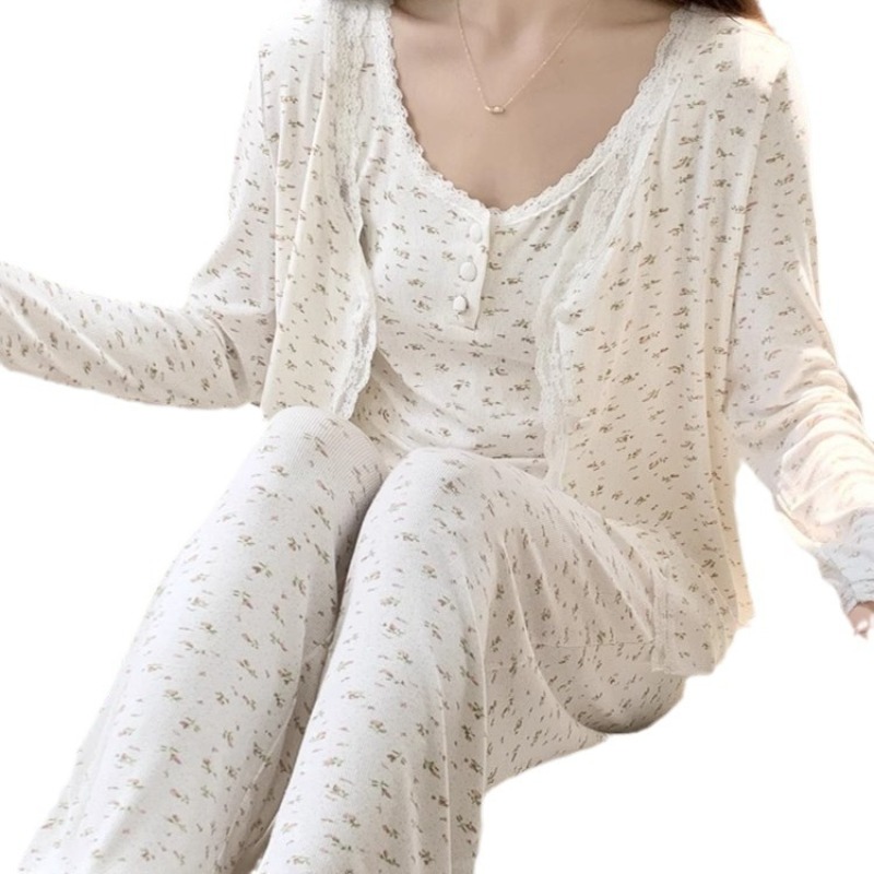 3 ピースパジャマセット女性のための花柄レース甘いカーディガ - Cami Top Lace のレビューと価格